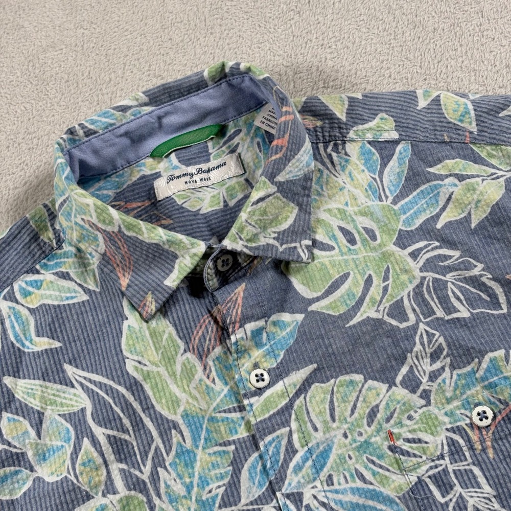Tommy Bahama Nova Wave Mens XL Blue Tropical Leaf Seersucker Button Down Shirt
